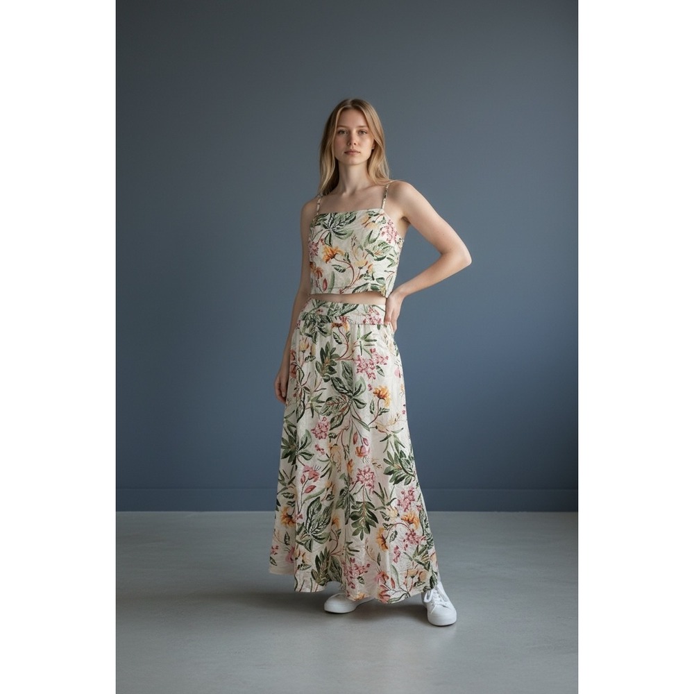 H M Linen Blend Floral Crop Top Maxi Skirt‎ Set Size L